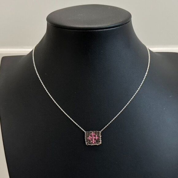 Artisan Hand made Sterling Silver & Pink Weaved Bead Cross Pendant Necklace - Picture 2 of 6